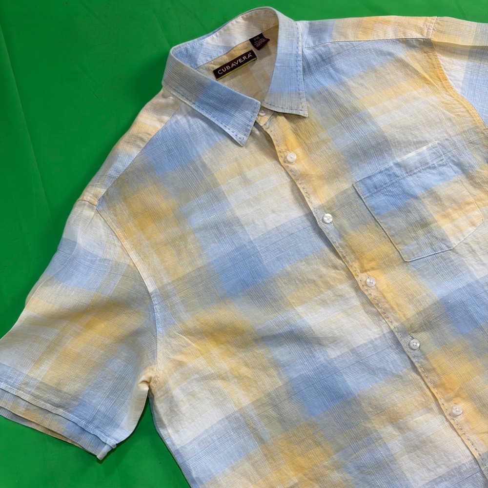 Cubavera 100% Linen Shirt Mens XXL Plaid Short Sleeve Button Up Resort Beach EUC